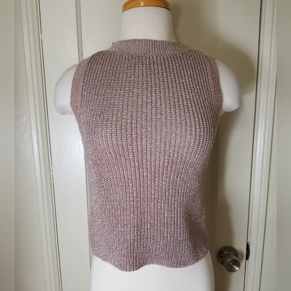 ATMOSPHERE 6 taupe silver metallic thread sleeveless crop sweater
